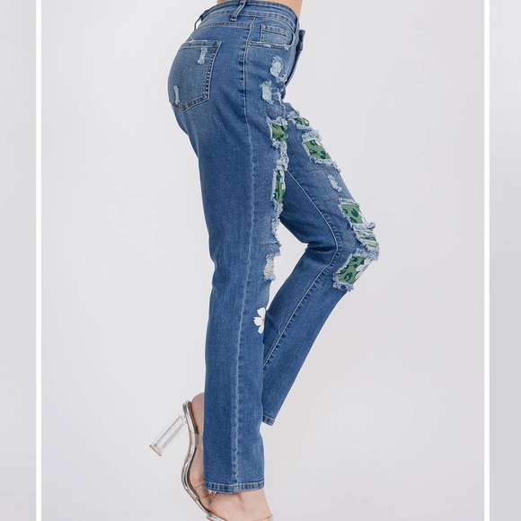 Women's Blue Distressed Jeans with Green Patchwork NEW ALL SIZES - Picture 3 of 5